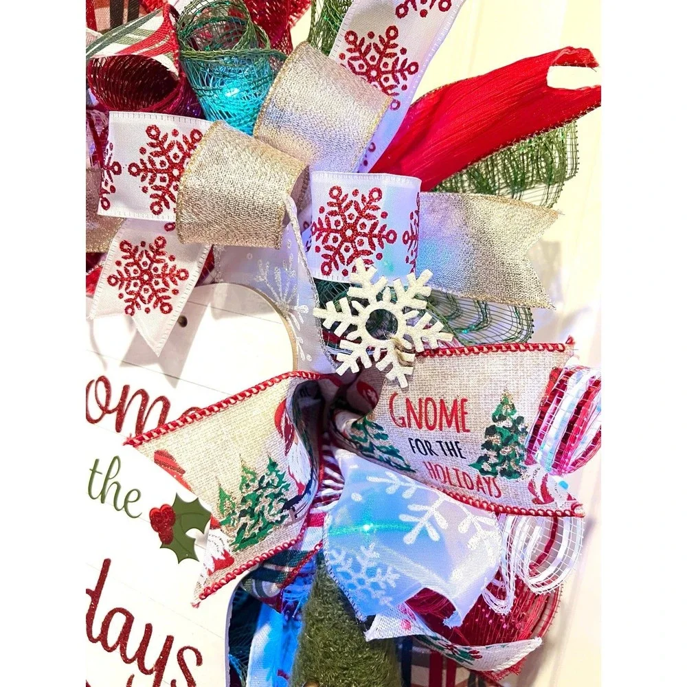 Handmade Christmas Gnome for the Holidays Ribbon Door Wreath 22 ins LED W36